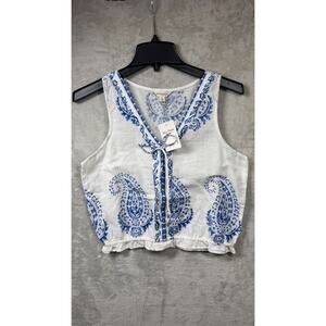 Lucky Brand NEW Womens Top S Blue White Paisley Sleeveless V-Neck Tie Cropped